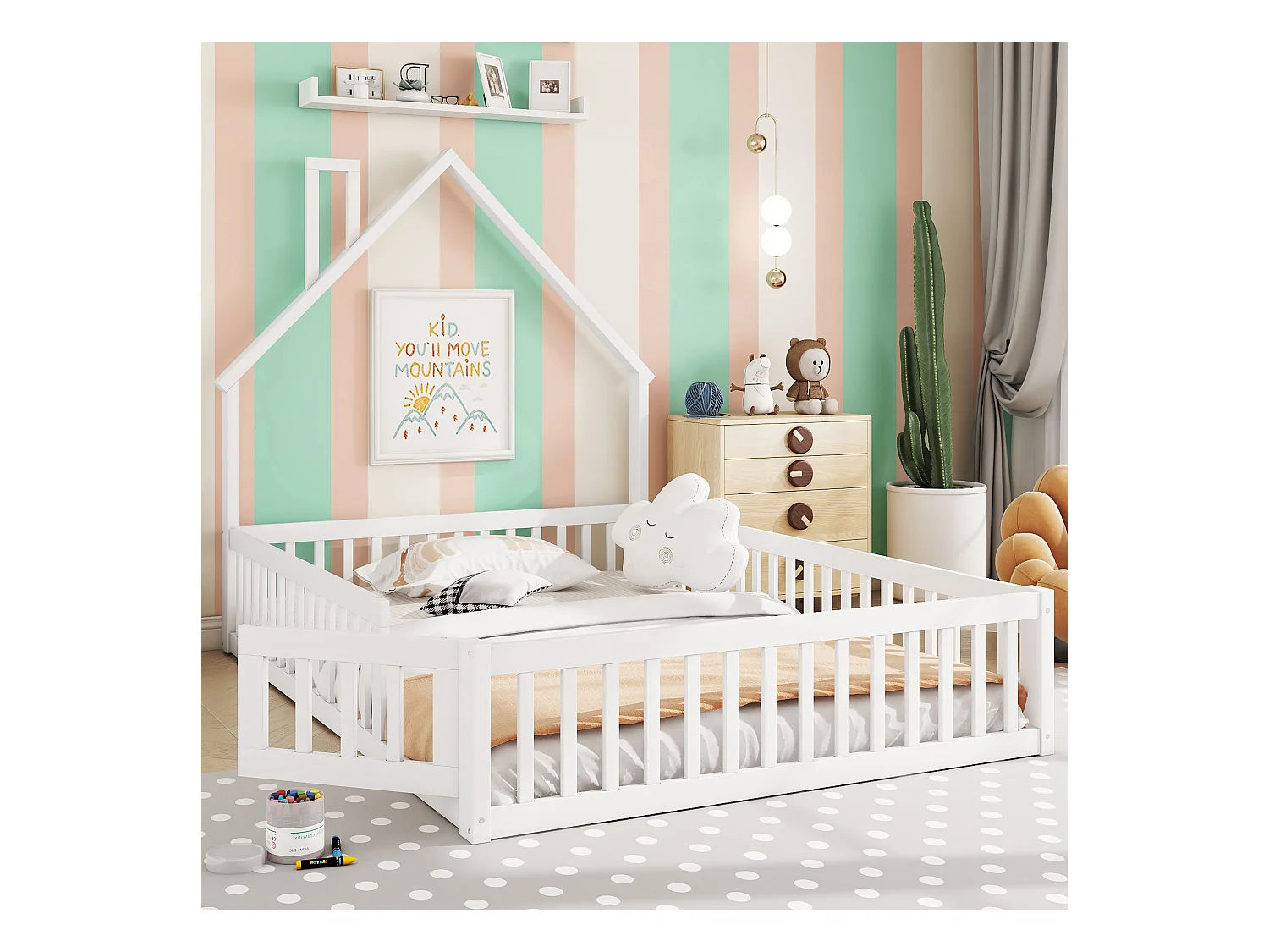 Łóżko dziecięce tapicerowane - 140 x 190 cm - kominek - ze stelażem listwowym (bez materaca) - MDF - białe