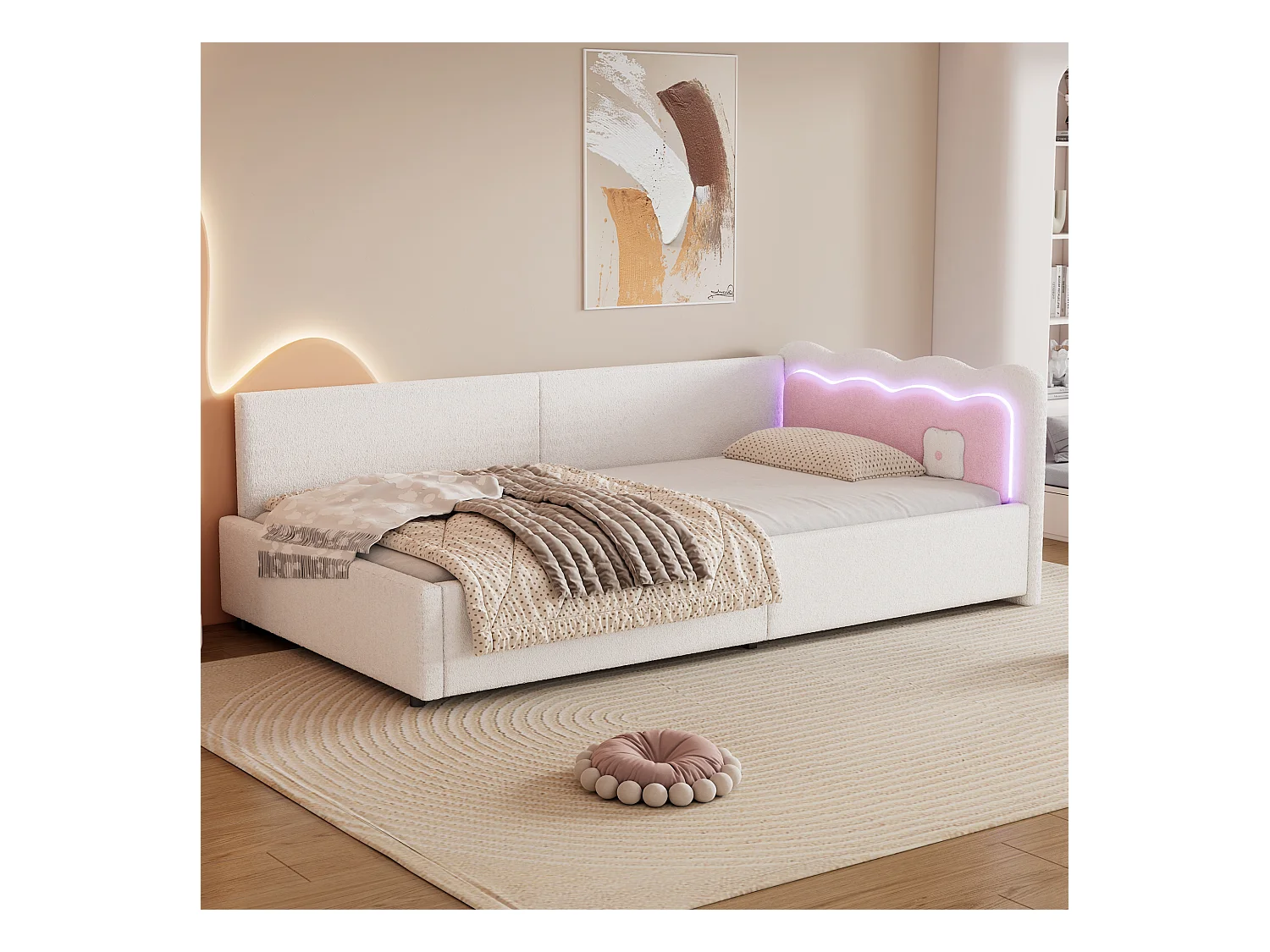 Lit enfant - 90 x 200 cm - avec tête de lit - Canapé lit - Leds - Velours - Sommier à lattes - blanc