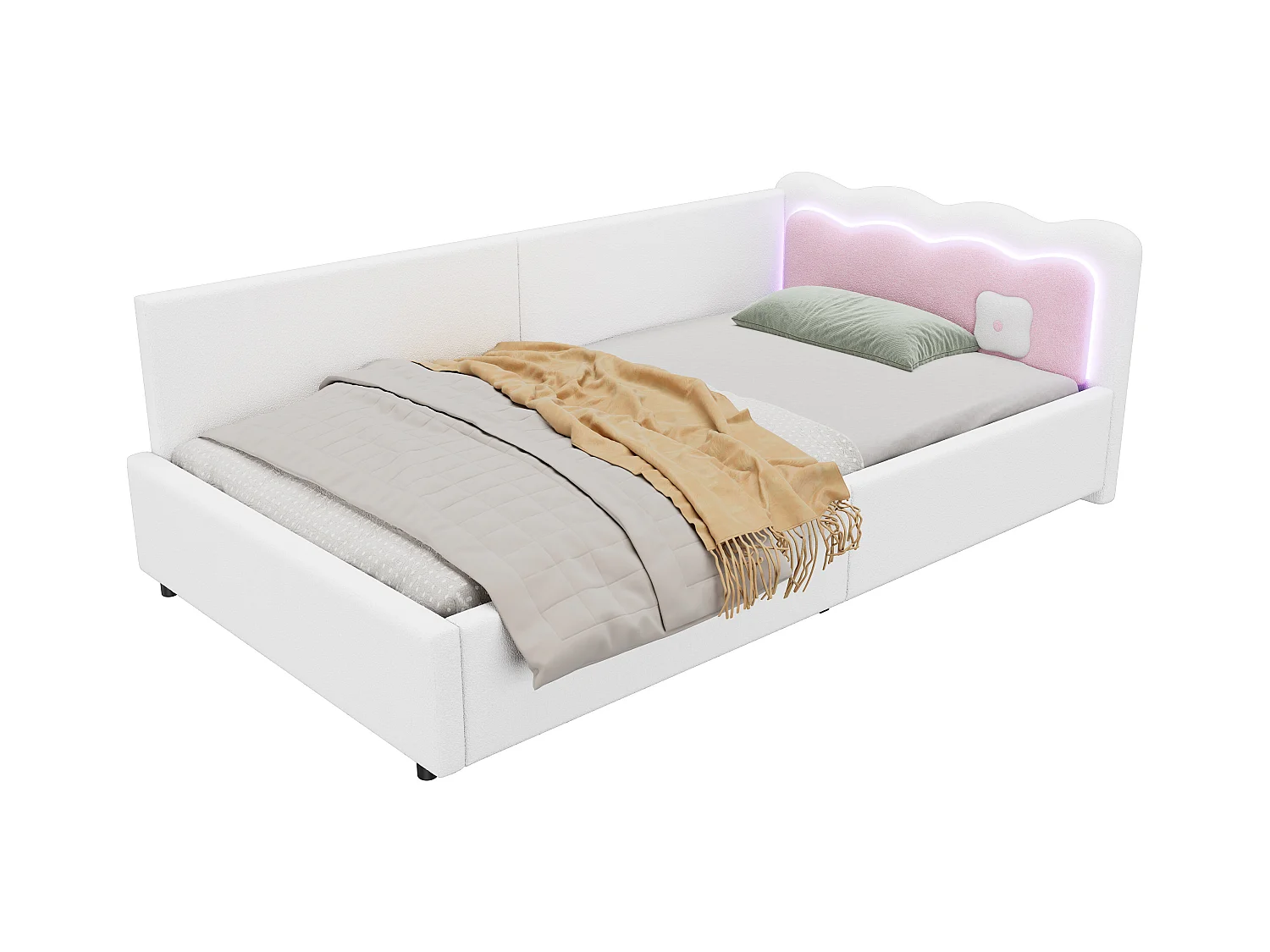Lit enfant - 90 x 200 cm - avec tête de lit - Canapé lit - Leds - Velours - Sommier à lattes - blanc