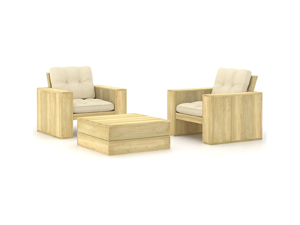 Conjunto de muebles de jardín de exterior 3 piezas con cojines madera de pino impregnado 02_0015932