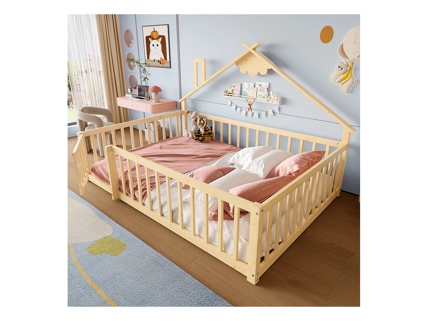 Lit plat pour enfant - 140 x 190 cm - barrière de sécurité avec serrure - Pin + MDF - naturel