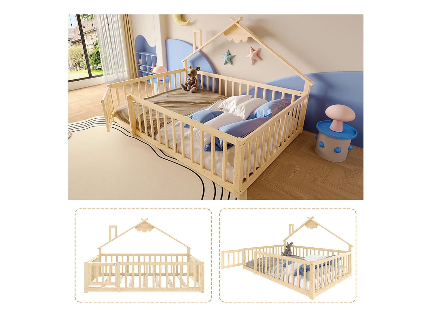 Lit plat pour enfant - 140 x 190 cm - barrière de sécurité avec serrure - Pin + MDF - naturel