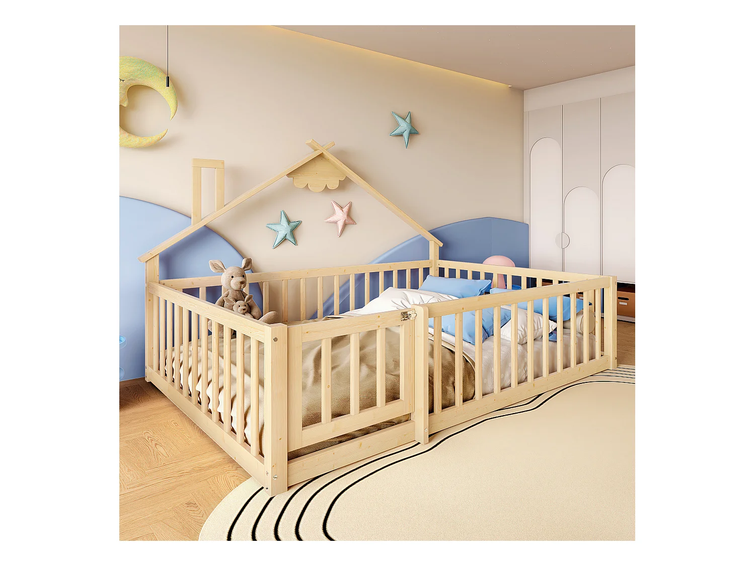 Kinder-Flachbett - 140 x 190 cm - Sicherheitsgitter mit Schloss - Kiefer + MDF - natur