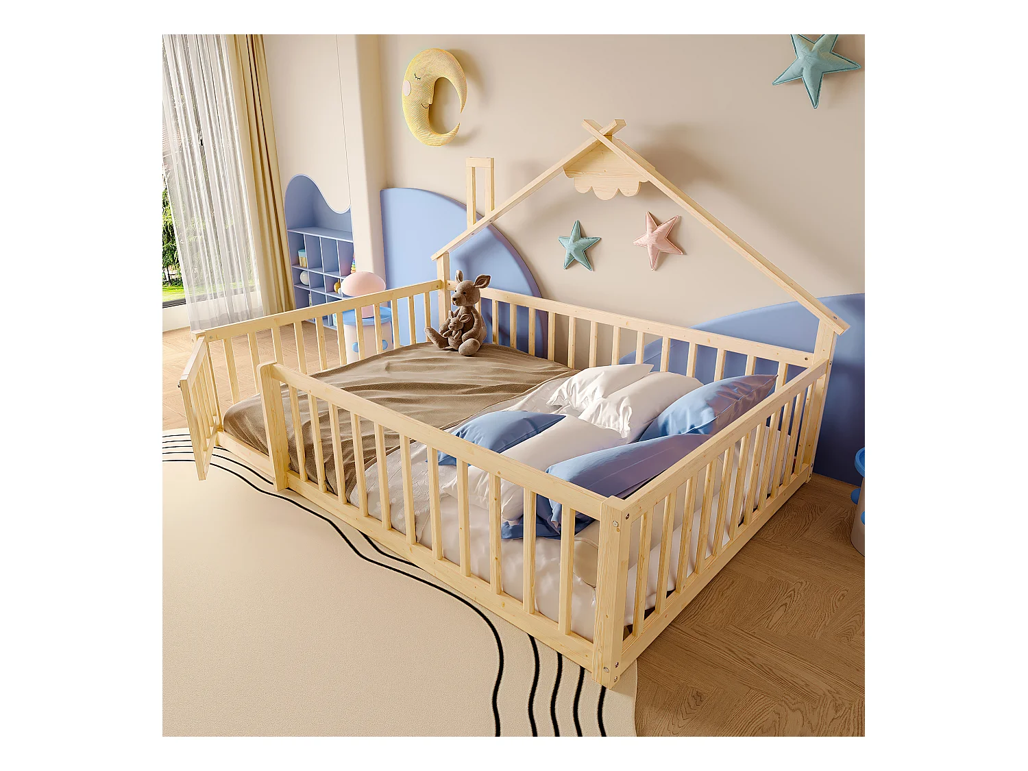 Kinder-Flachbett - 140 x 190 cm - Sicherheitsgitter mit Schloss - Kiefer + MDF - natur