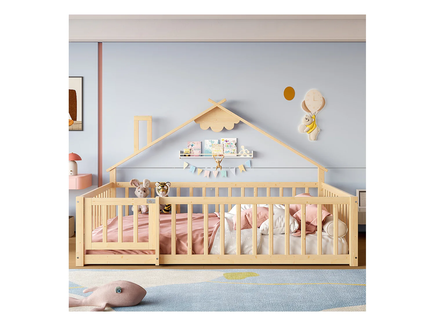 Kinder-Flachbett - 140 x 190 cm - Sicherheitsgitter mit Schloss - Kiefer + MDF - natur