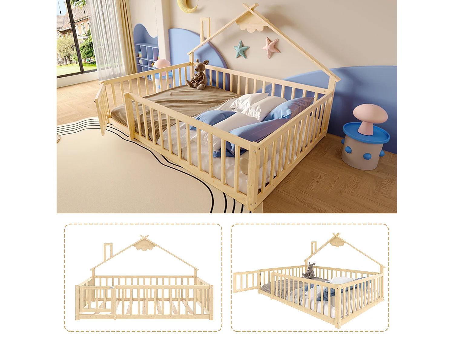 Lit plat pour enfant - 140 x 190 cm - barrière de sécurité avec serrure - Pin + MDF - naturel