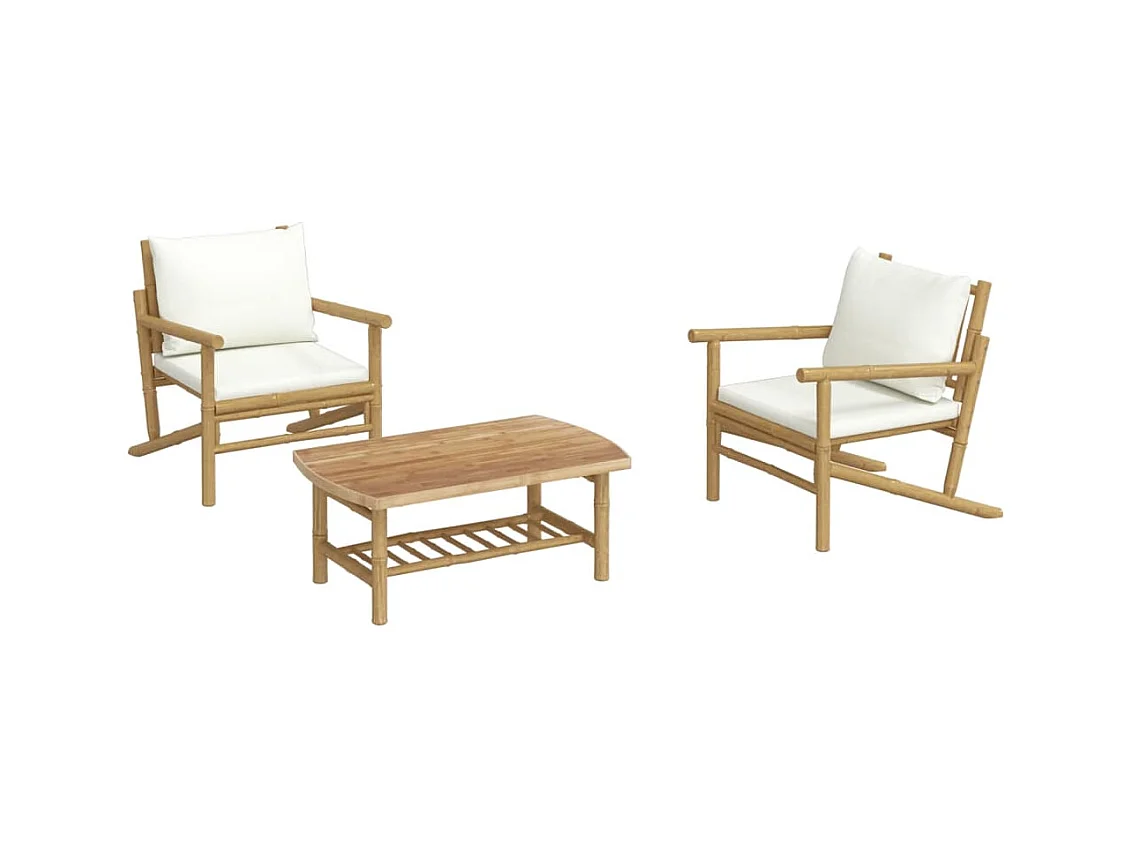 Muebles de jardín muebles de exterior Juego de muebles de 3 piezas con cojines de bambú blanco crema 02_0015921