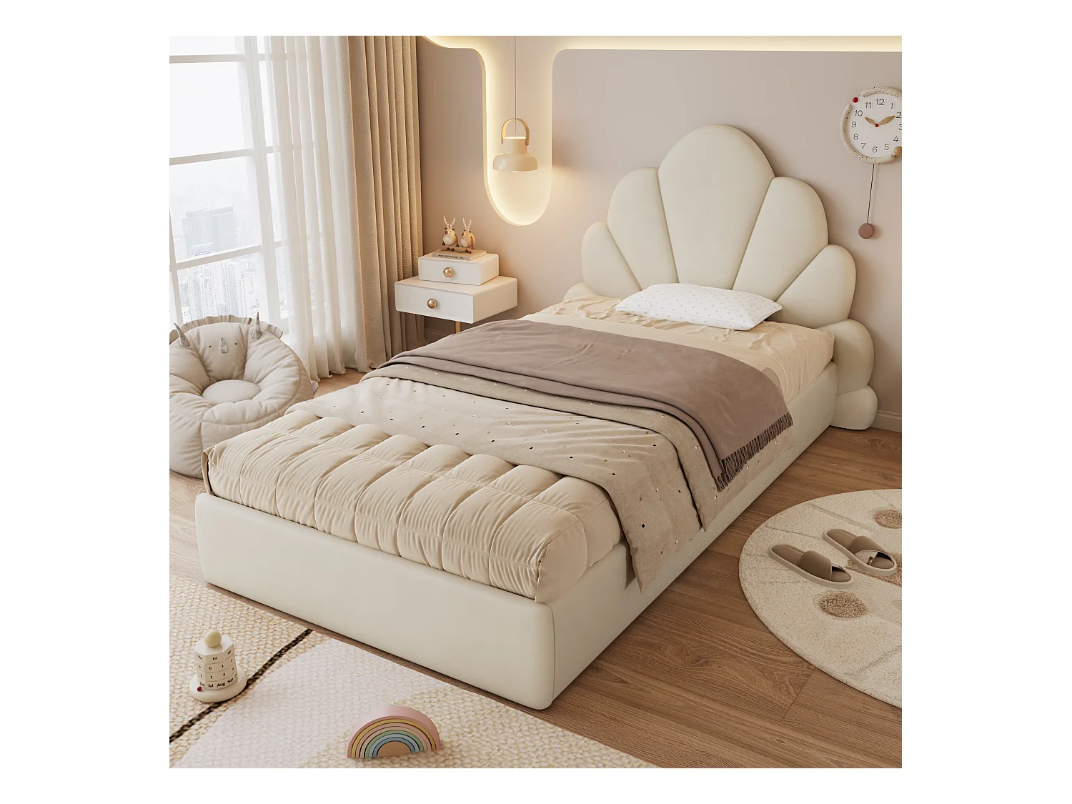 Lit simple rembourré enfant - 90 x 200 cm - tête de lit à pétales incurvésne - velours - beige