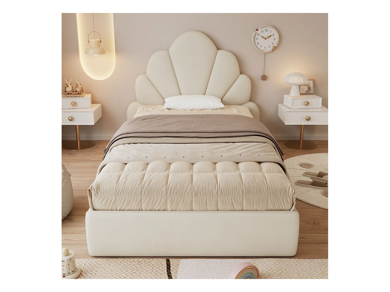 Lit simple rembourré enfant - 90 x 200 cm - tête de lit à pétales incurvésne - velours - beige