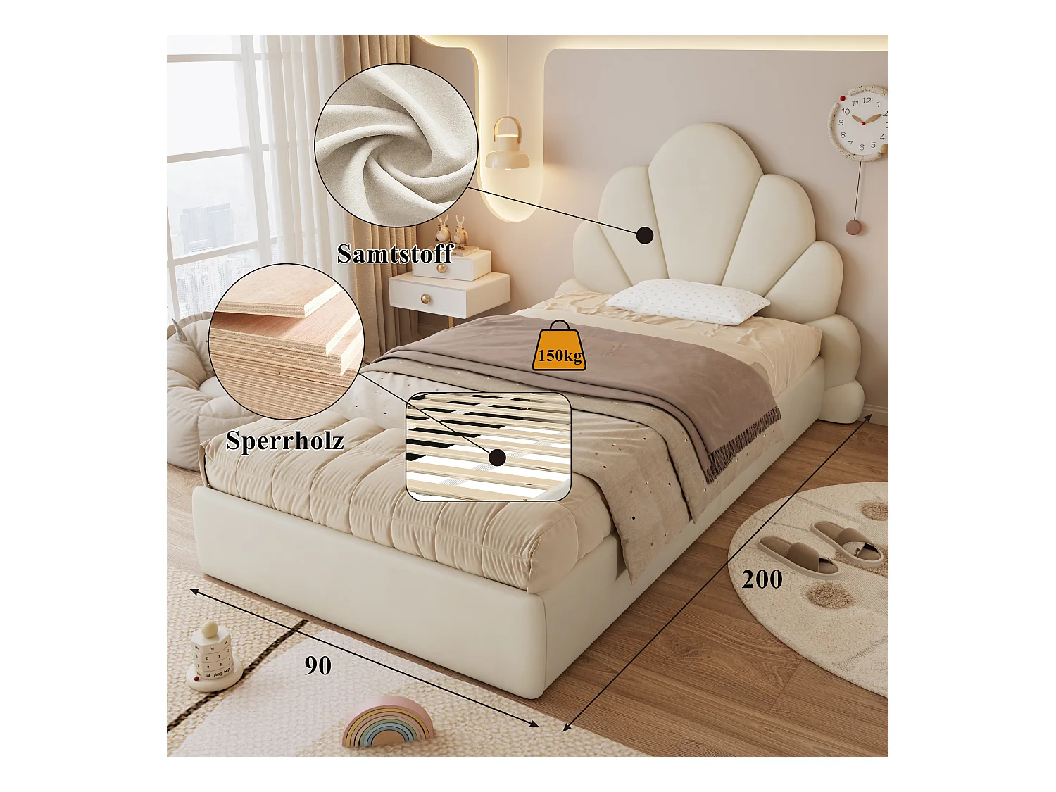 Lit simple rembourré enfant - 90 x 200 cm - tête de lit à pétales incurvésne - velours - beige