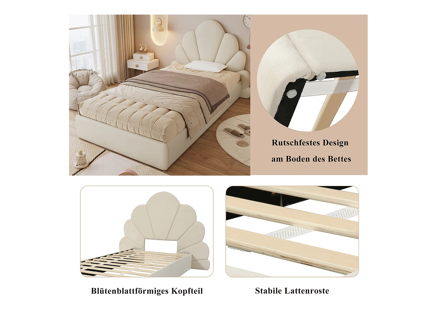 Lit simple rembourré enfant - 90 x 200 cm - tête de lit à pétales incurvésne - velours - beige