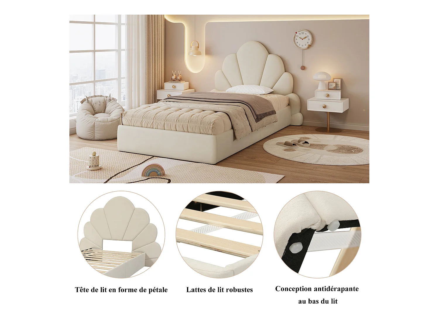 Lit simple rembourré enfant - 90 x 200 cm - tête de lit à pétales incurvésne - velours - beige