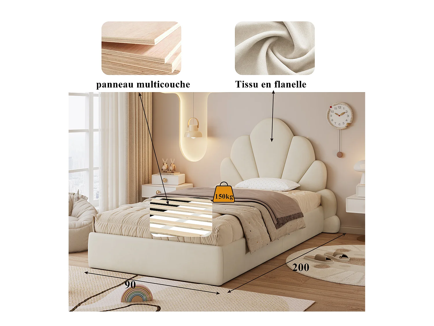 Lit simple rembourré enfant - 90 x 200 cm - tête de lit à pétales incurvésne - velours - beige