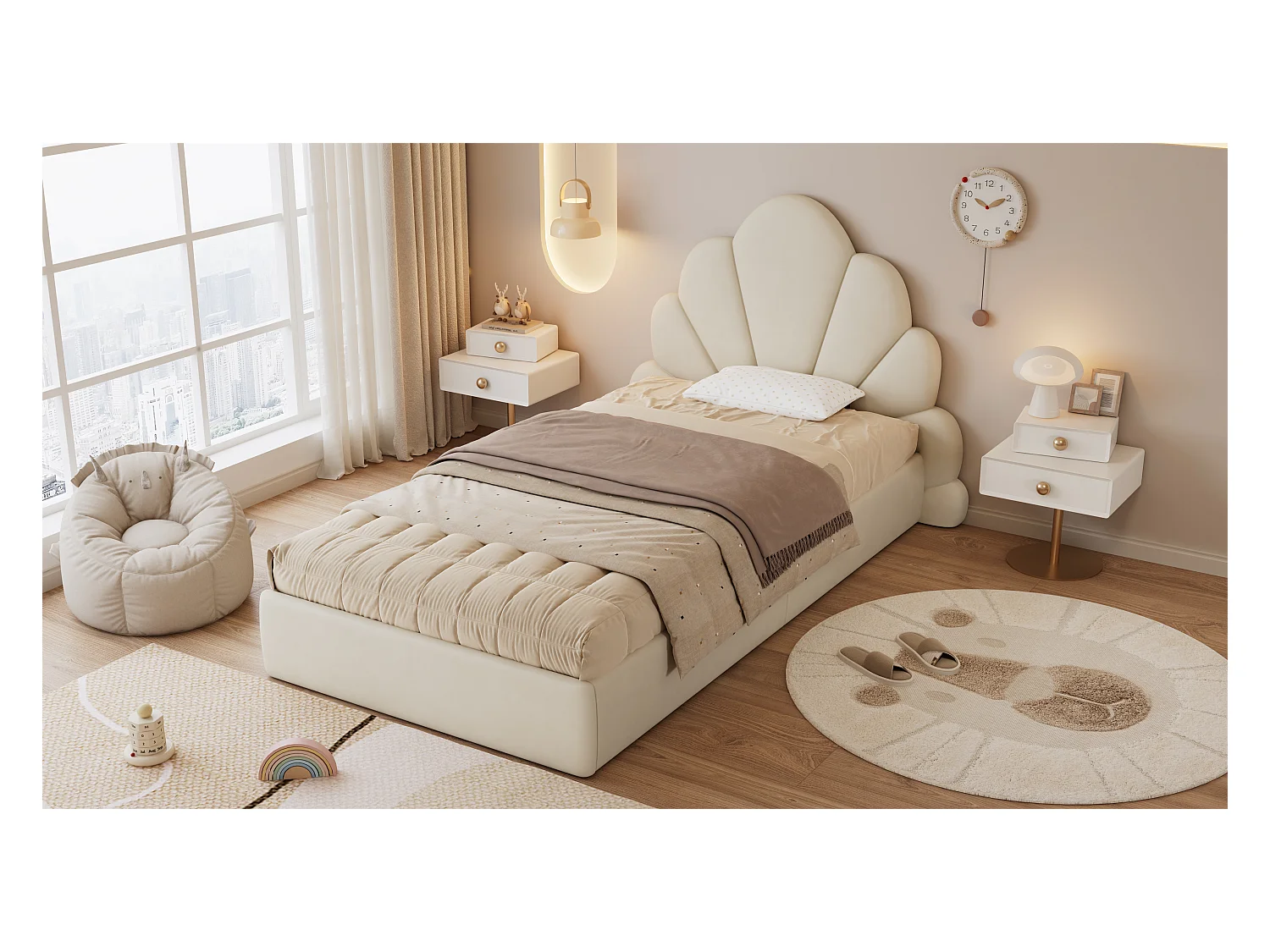 Lit simple rembourré enfant - 90 x 200 cm - tête de lit à pétales incurvésne - velours - beige