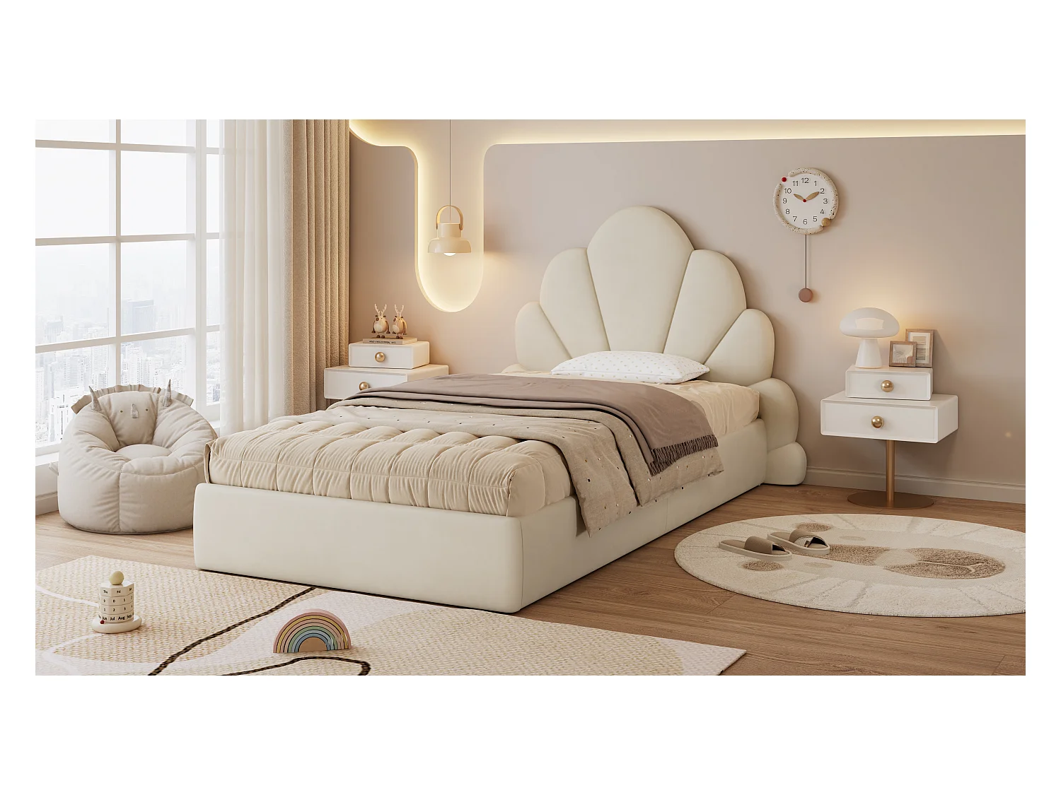 Lit simple rembourré enfant - 90 x 200 cm - tête de lit à pétales incurvésne - velours - beige