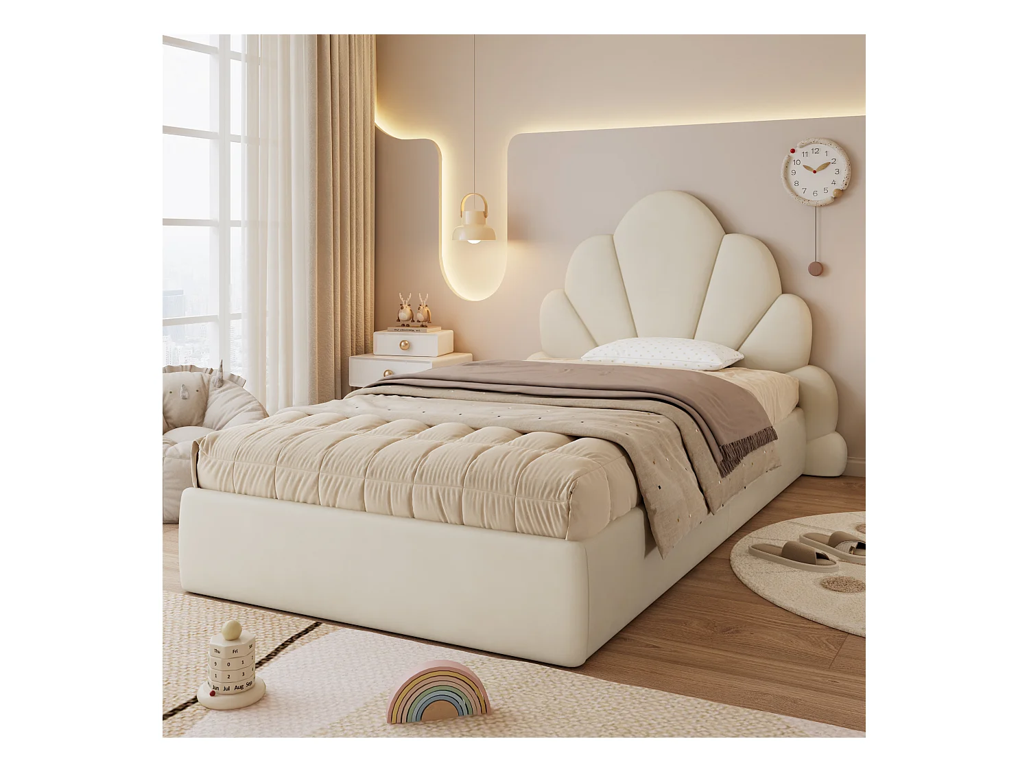 Lit simple rembourré enfant - 90 x 200 cm - tête de lit à pétales incurvésne - velours - beige