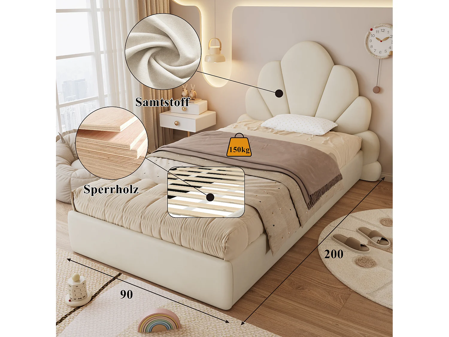 Cama individual infantil tapizada - 90 x 200 cm - cabecero curvado con pétalos - terciopelo - beige
