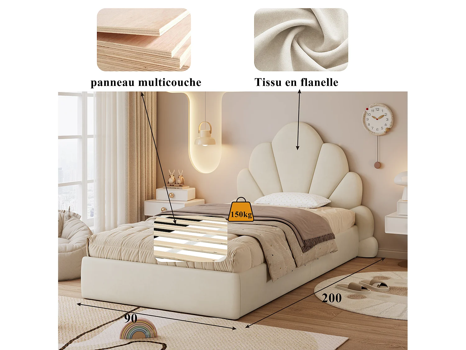 Cama individual infantil tapizada - 90 x 200 cm - cabecero curvado con pétalos - terciopelo - beige