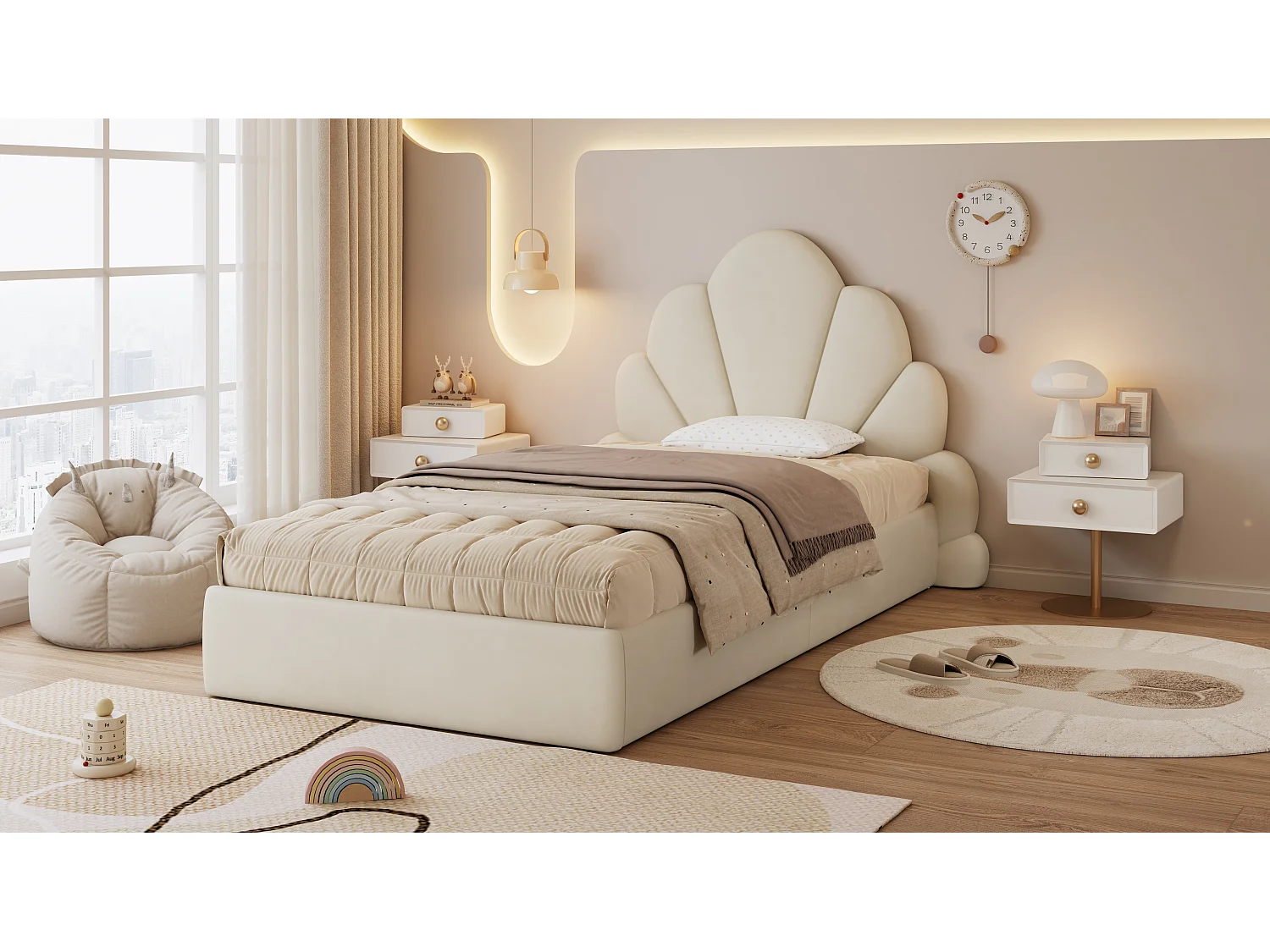 Cama individual infantil tapizada - 90 x 200 cm - cabecero curvado con pétalos - terciopelo - beige