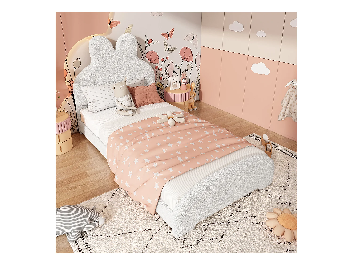 Lit simple rembourré enfant - 90 x 200 cm - tête de lit en oreilles de lapin - style cartoon - velours - blanc