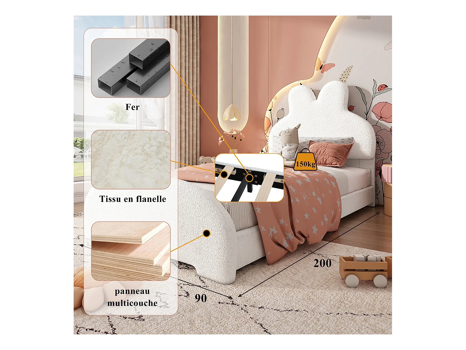 Lit simple rembourré enfant - 90 x 200 cm - tête de lit en oreilles de lapin - style cartoon - velours - blanc