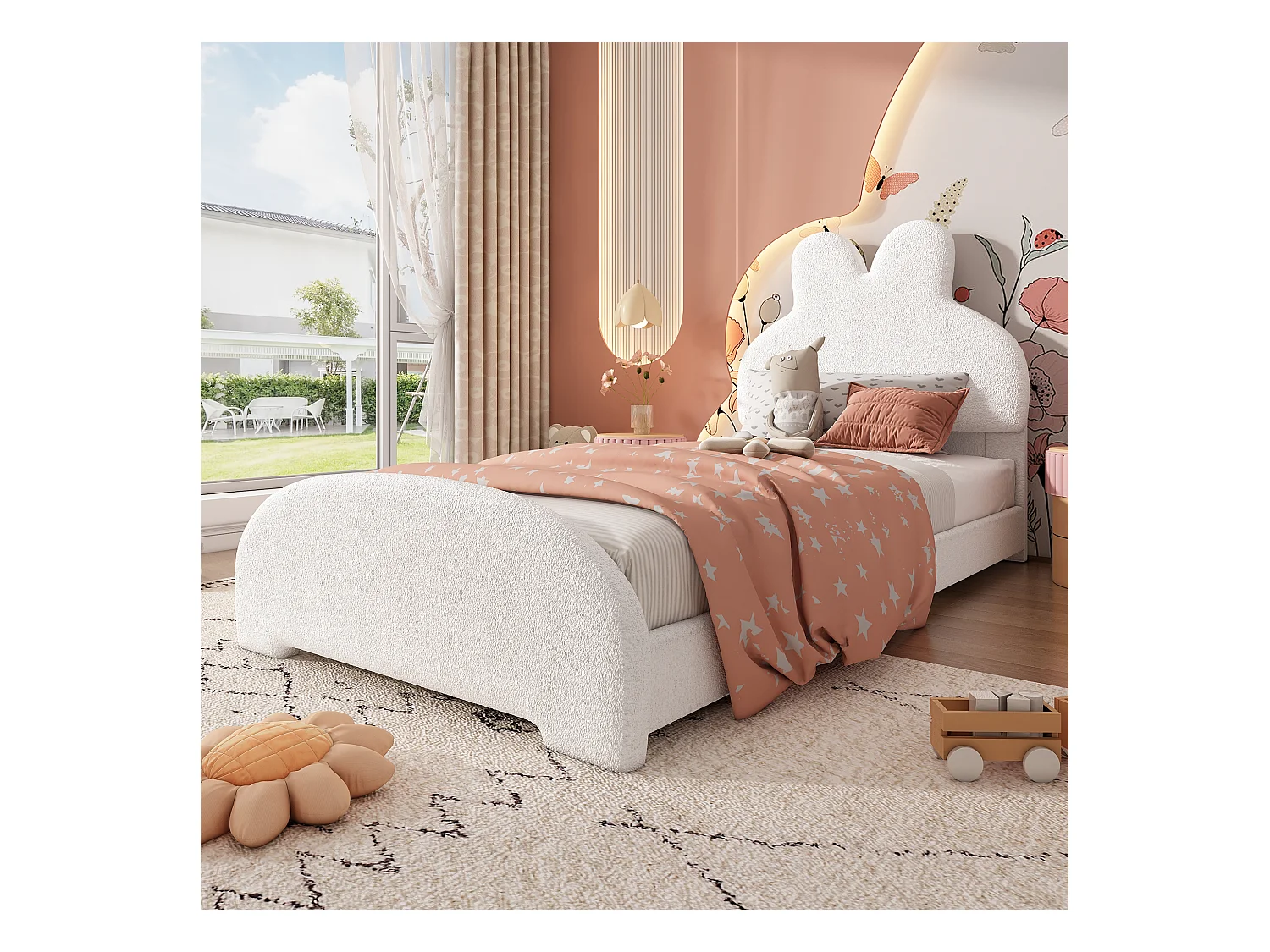 Kinder-Einzelbett, gepolstert, 90 x 200 cm, Hasenohren-Kopfteil, Cartoon-Stil, Samt, Weiß