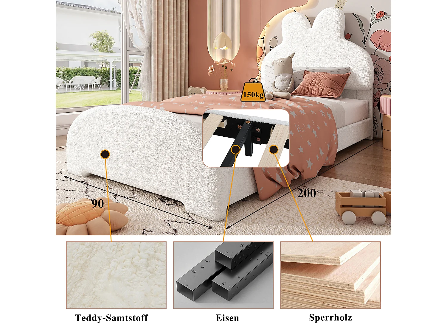 Kinder-Einzelbett, gepolstert, 90 x 200 cm, Hasenohren-Kopfteil, Cartoon-Stil, Samt, Weiß