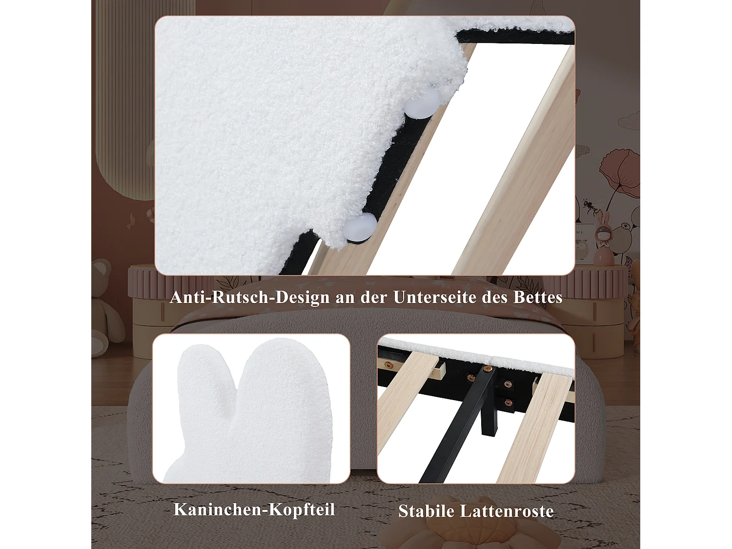 Kinder-Einzelbett, gepolstert, 90 x 200 cm, Hasenohren-Kopfteil, Cartoon-Stil, Samt, Weiß