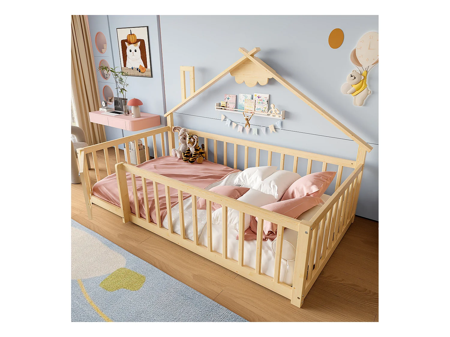 Cama infantil plana - 90 x 190 cm - barrera de seguridad con cerradura - Pino + MDF - natural