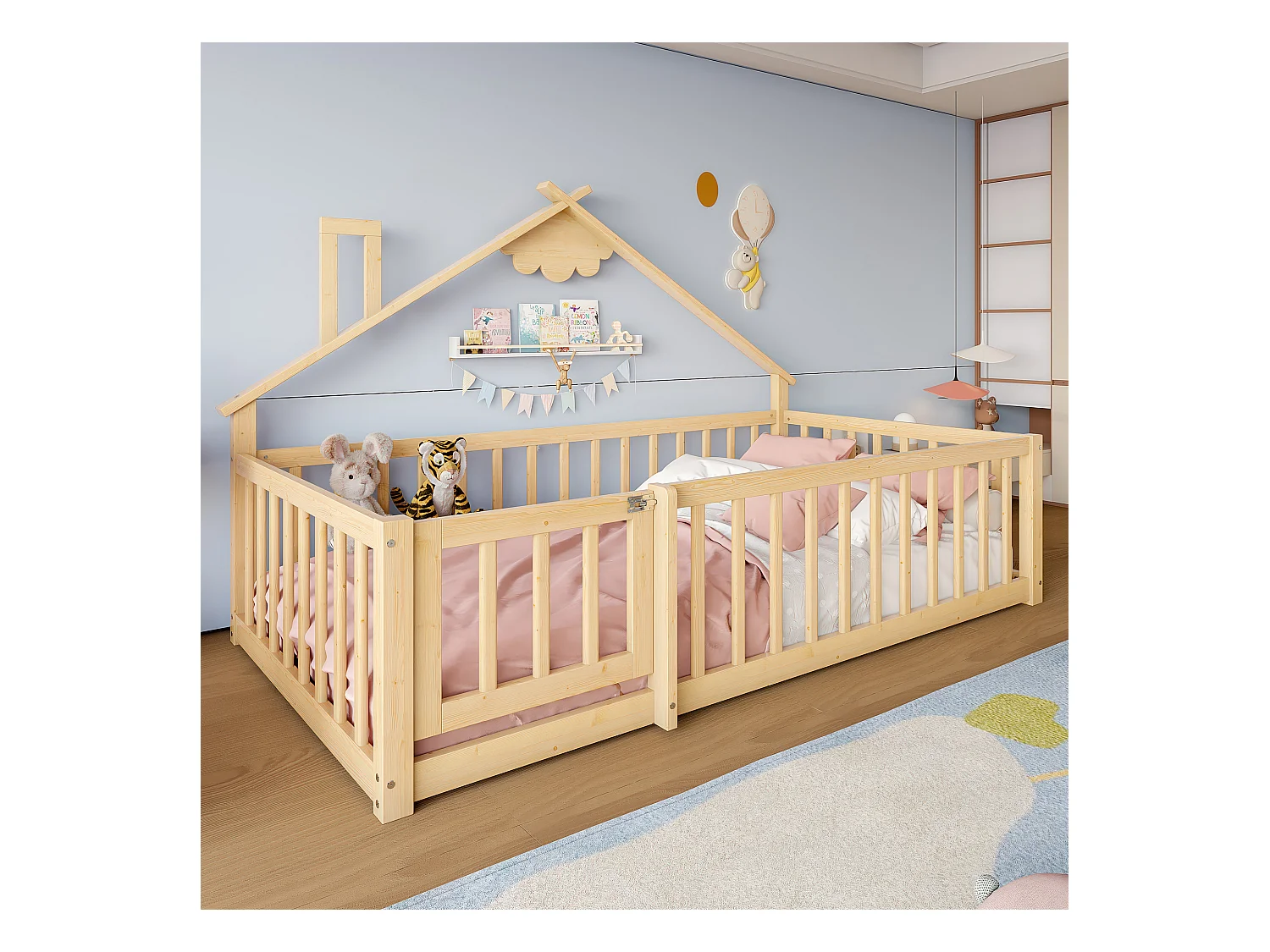 Cama infantil plana - 90 x 190 cm - barrera de seguridad con cerradura - Pino + MDF - natural