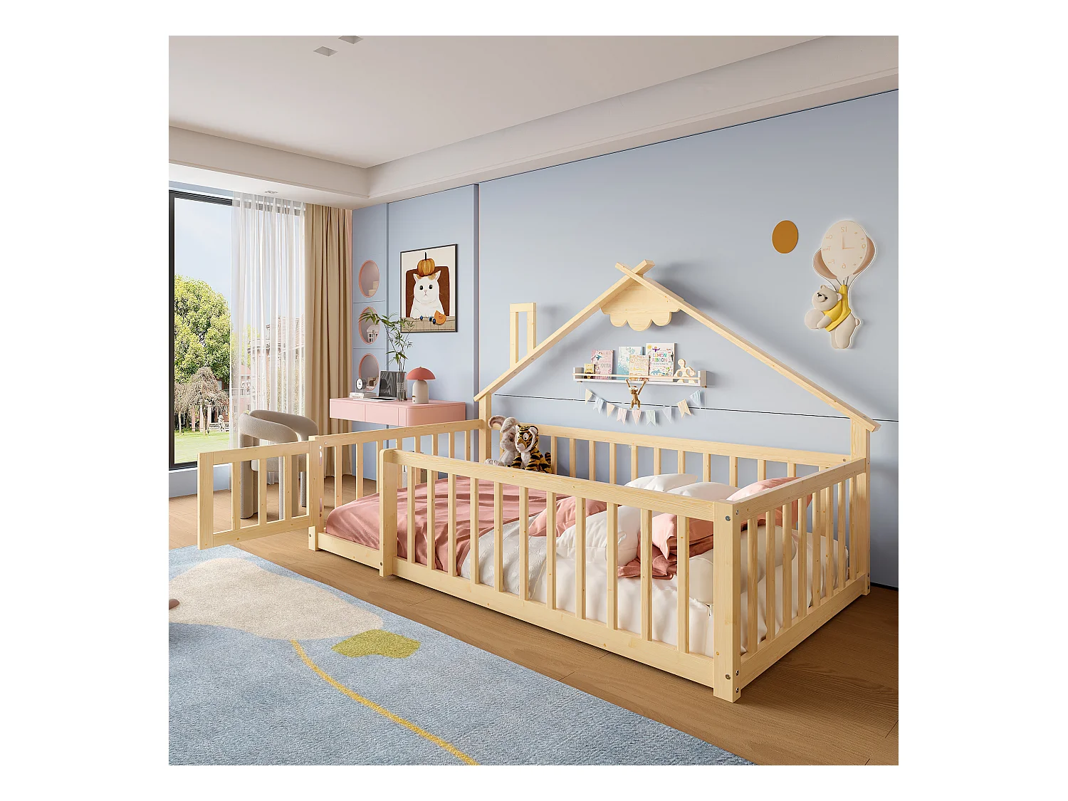 Cama infantil plana - 90 x 190 cm - barrera de seguridad con cerradura - Pino + MDF - natural