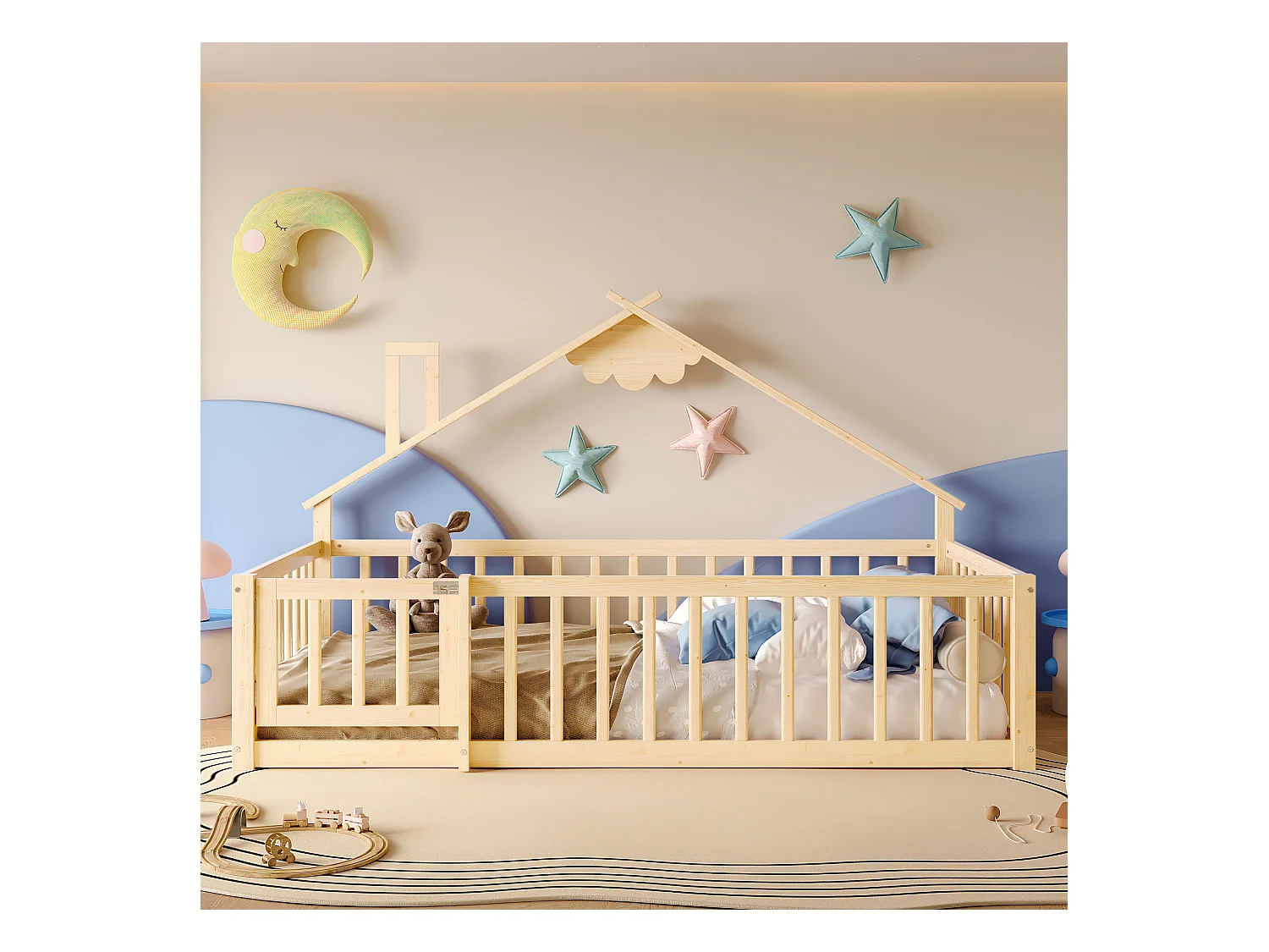 Cama infantil plana - 90 x 190 cm - barrera de seguridad con cerradura - Pino + MDF - natural