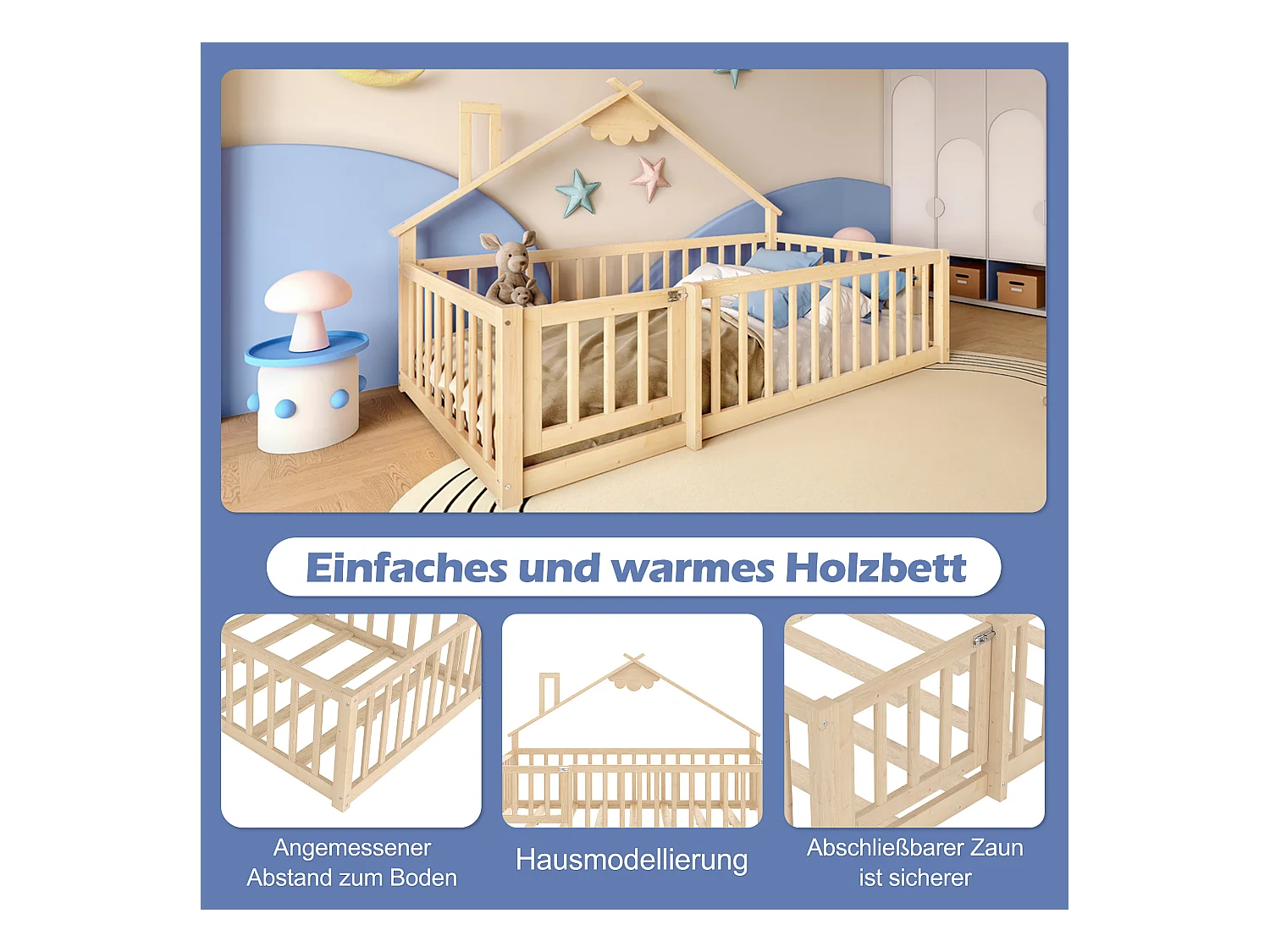 Cama infantil plana - 90 x 190 cm - barrera de seguridad con cerradura - Pino + MDF - natural