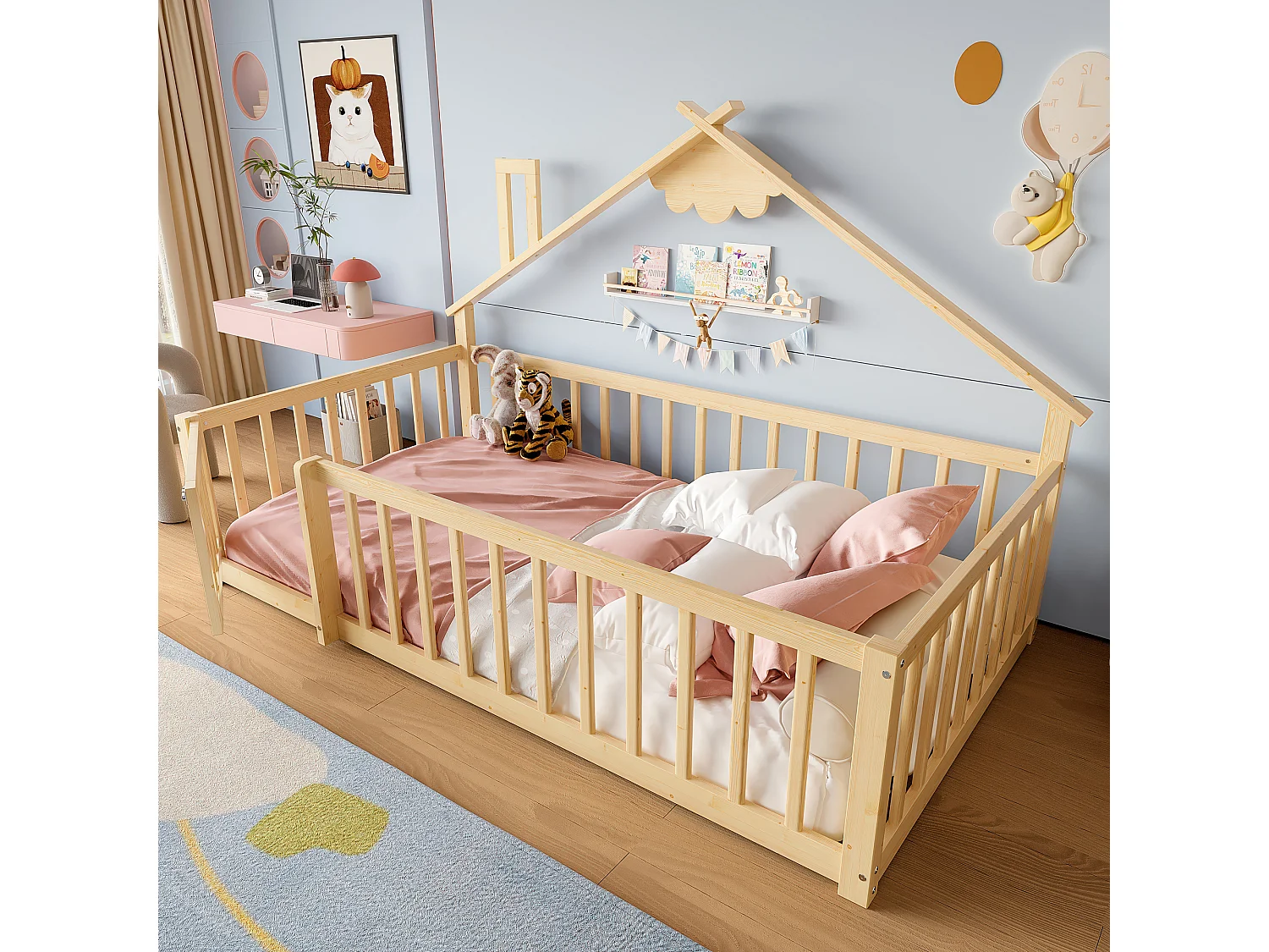 Kinder-Flachbett - 90 x 190 cm - Sicherheitsgitter mit Schloss - Kiefer + MDF - natur