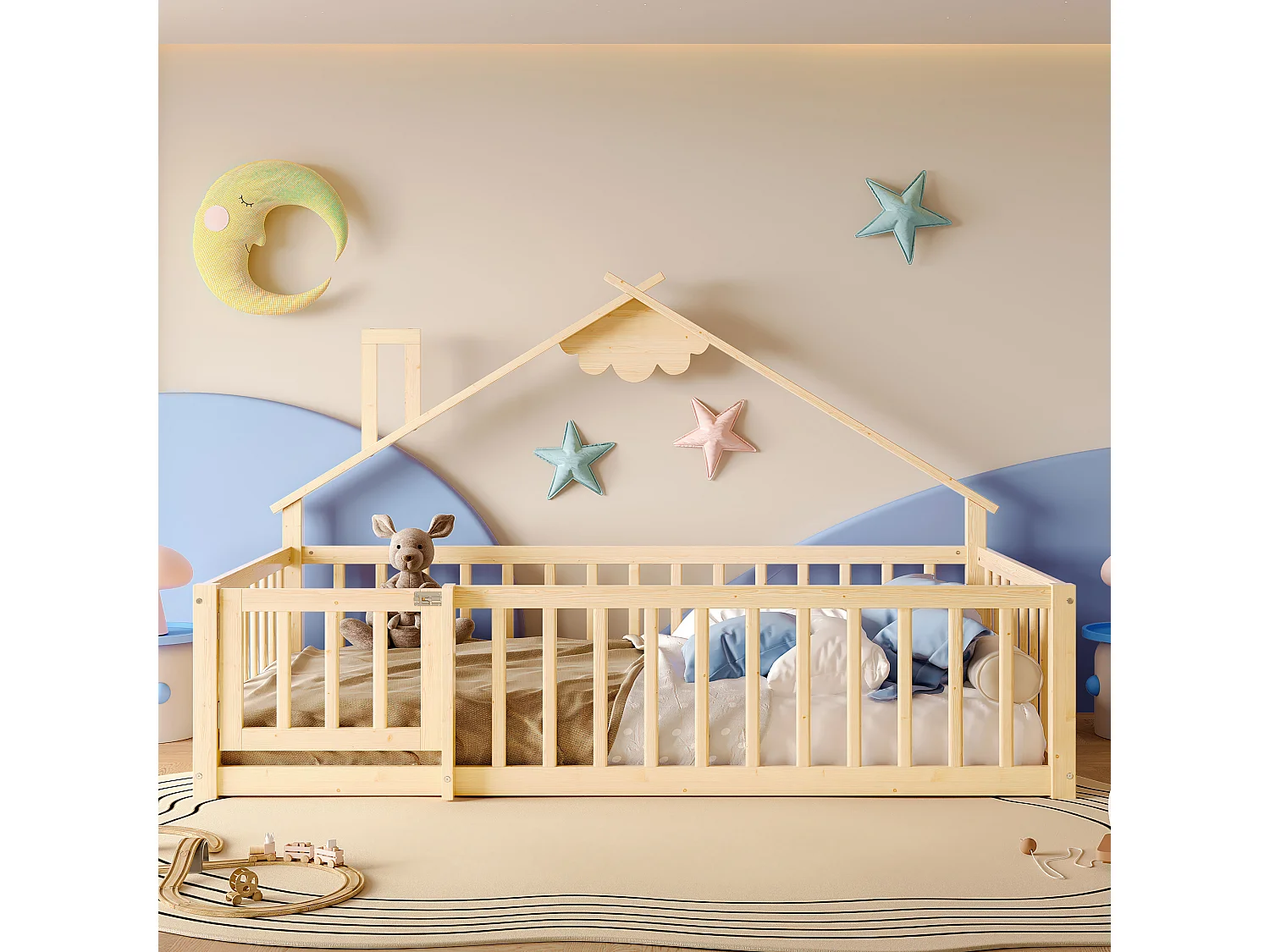 Kinder-Flachbett - 90 x 190 cm - Sicherheitsgitter mit Schloss - Kiefer + MDF - natur