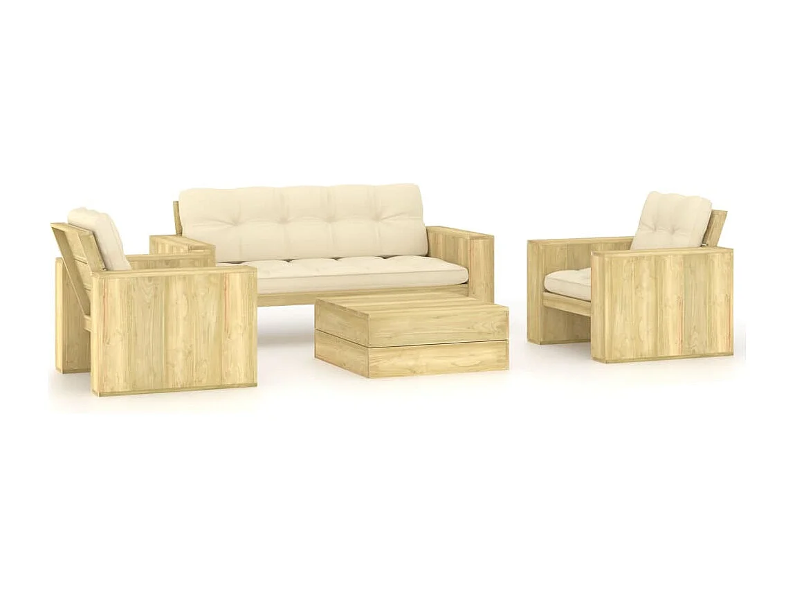 Conjunto de móveis de jardim para área externa 4 peças com almofadas em madeira de pinho impregnada 02_0016095