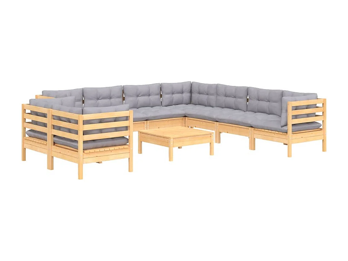 Muebles de jardín muebles de exterior juego de muebles de 10 piezas con cojines grises madera maciza de pino 02_0015021