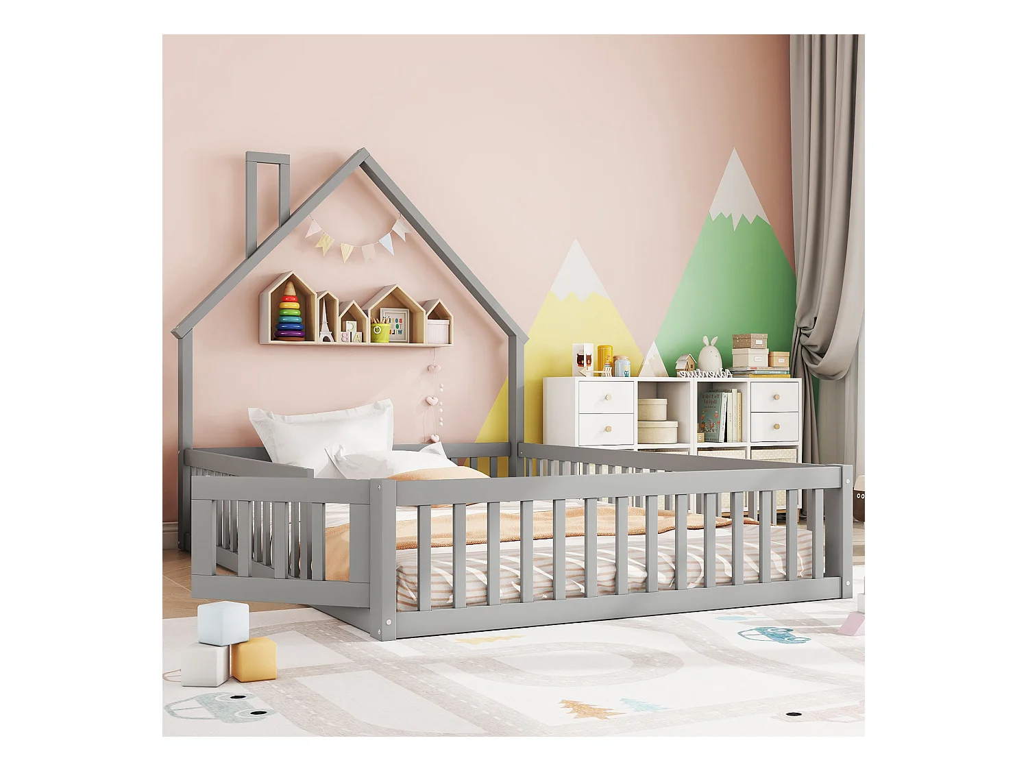 Lit rembourré pour enfant - 140 x 190 cm - en forme de cheminée - avec sommier à lattes (sans matelas) - MDF - gris