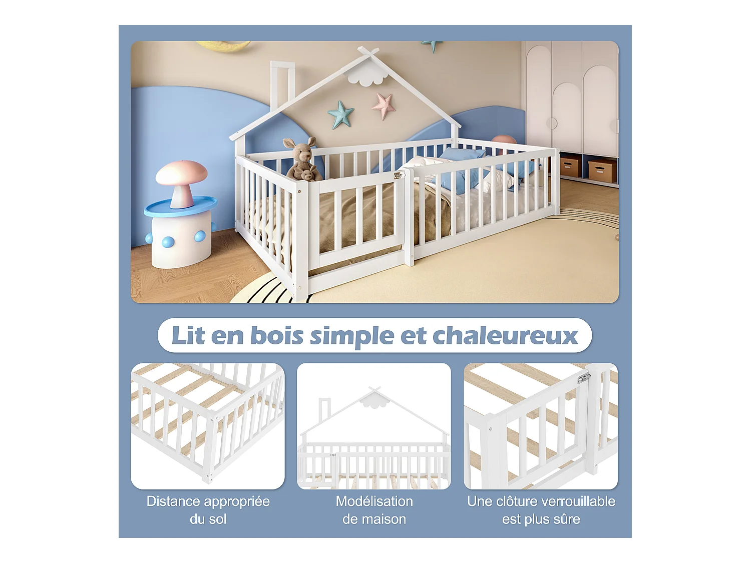 Lit plat pour enfant - 90 x 190 cm - barrière de sécurité avec serrure - Pin + MDF - blanc