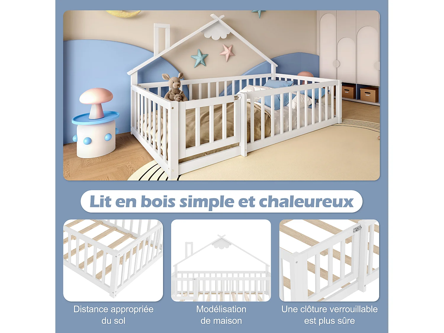 Kinder-Flachbett - 90 x 190 cm - Sicherheitsgitter mit Schloss - Kiefer + MDF - weiß