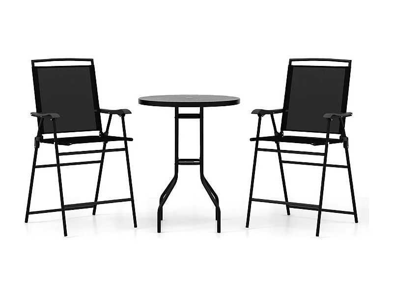 Mesa e cadeiras dobráveis ​​para jardim, 3 peças, pátio, bistrô, com tampo de mesa DPC, guarda-chuva, buraco e banquinho para os pés 20_0007921