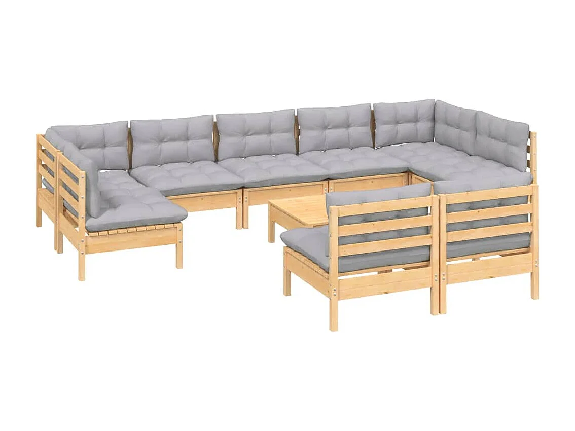 Muebles de jardín muebles de exterior juego de muebles de 10 piezas con cojines grises madera maciza de pino 02_0015031