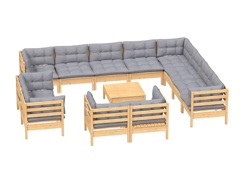 Muebles de jardín muebles de exterior juego de muebles de 13 piezas con cojines grises de madera maciza de pino 02_0015737