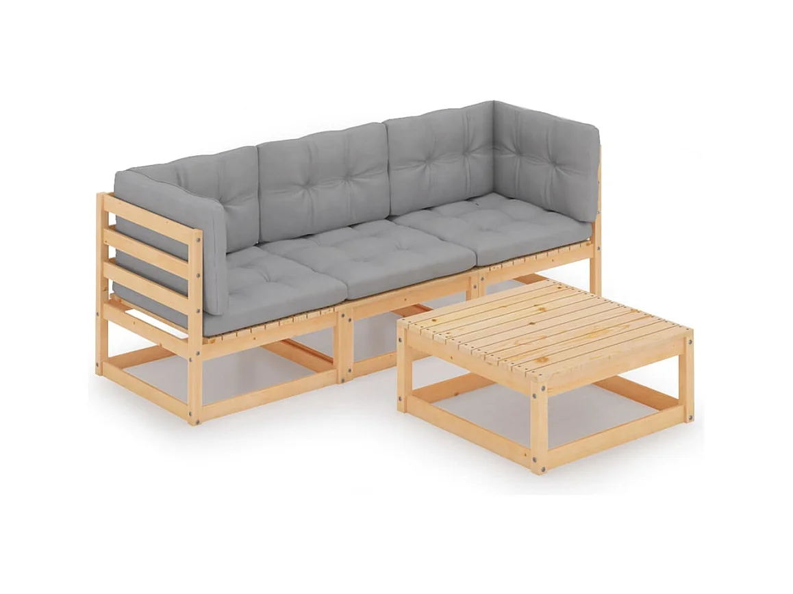 Móveis de jardim móveis de exterior Conjunto de móveis de 4 peças com almofadas madeira maciça de pinho 02_0016112