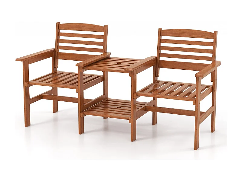 Conjunto de móveis de pátio, 2 lugares, assento de madeira para exterior com mesa de centro e guarda-chuva, conjunto de conversa 20_0008484