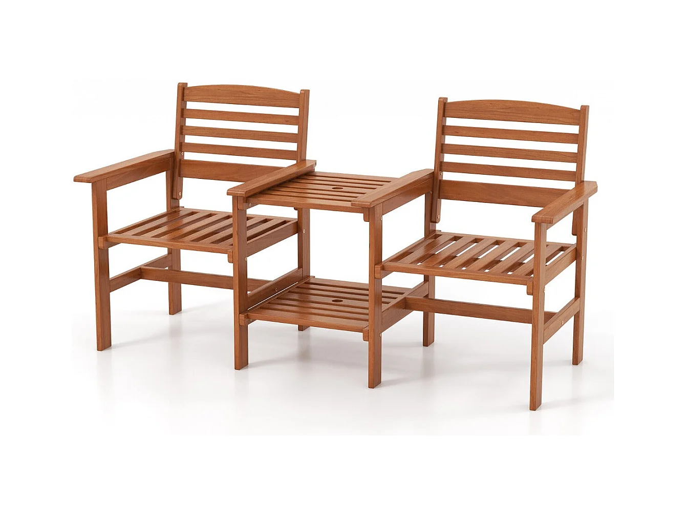 Juego de muebles para patio, sofá de dos plazas de madera para exteriores con mesa de centro y orificio para sombrilla, juego para conversar 20_0008484