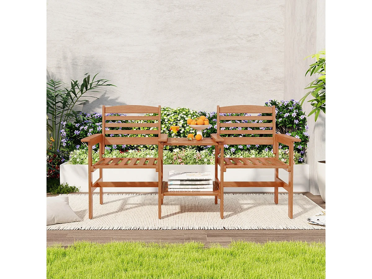 Set di mobili da giardino Divanetto da esterno in legno a 2 posti con tavolino da caffè e set da conversazione con foro per ombrellone 20_0008484