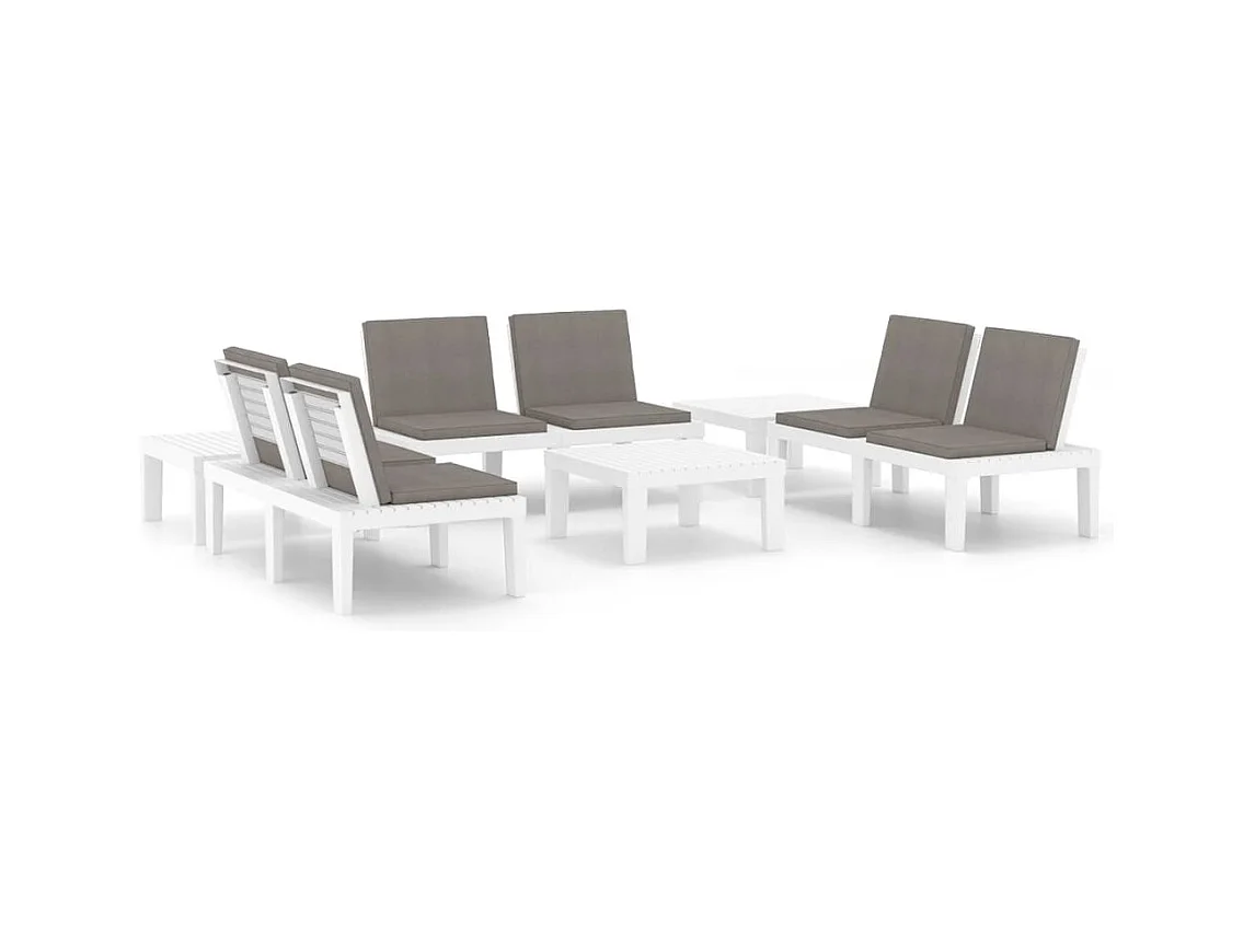 Móveis de jardim móveis de exterior Conjunto de móveis de 6 peças com almofadas de plástico branco 02_0016847
