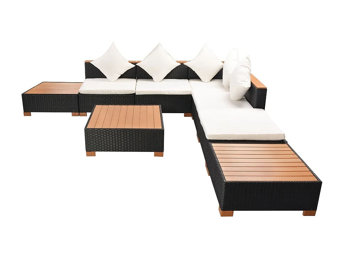 Móveis de jardim móveis de exterior Conjunto de móveis de 8 peças com almofadas de resina tecida preta 02_0017755