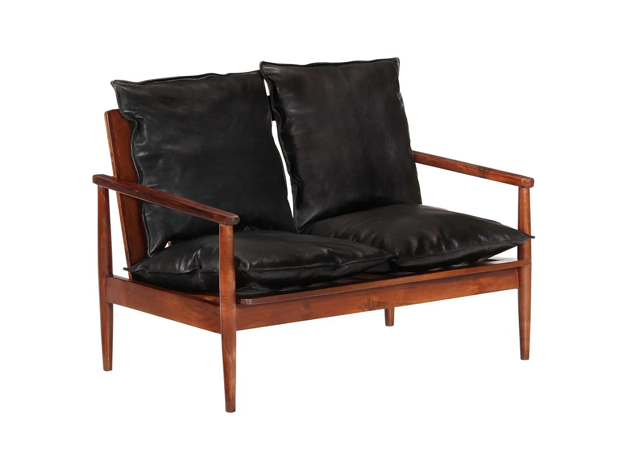 Sofá de 2 plazas para salón asientos interiores de hogar cuero auténtico negro y madera maciza de acacia 02_0019111